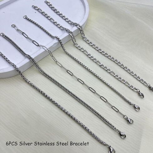 6PCS Silver Bracelets for Men Stainless Steel Cuban Chain Bracelet Silver Chain Bracelet Set 316L Stainless Steel Figaro Rope Cuban Link Bracelet Jewelry for Men/Women in Saudi Arabia