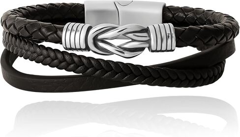 Lucky Brand 3-Row Microfiber Leather Bracelet for Men 8.5", Stainless Steel Knotted Bracelet in Kuwait