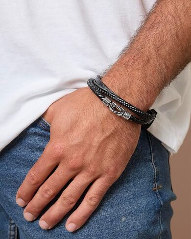Lucky Brand 3-Row Microfiber Leather Bracelet for Men 8.5", Stainless Steel Knotted Bracelet in Kuwait