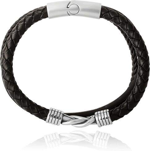 Lucky Brand 3-Row Microfiber Leather Bracelet for Men 8.5", Stainless Steel Knotted Bracelet in Kuwait