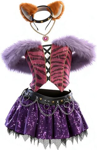MEOWCOS Wolf-Style Cosplay Outfit Set Gothic Crop Top Mini Skirt Set with Choker Necklace Headband Belt Gloves in Kuwait