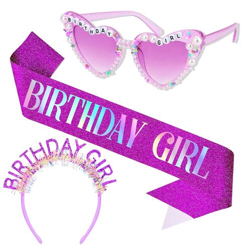 Jaciya Birthday Girl Sash Headband Sunglasses Blue Birthday Party Favor | Birthday Girl Bright Blue 3-in-1 Party Accessory Set Iridescent Tinsel Headband, Blue Glitter Sash, Pearl Sprinkle Sunglasses in Kuwait