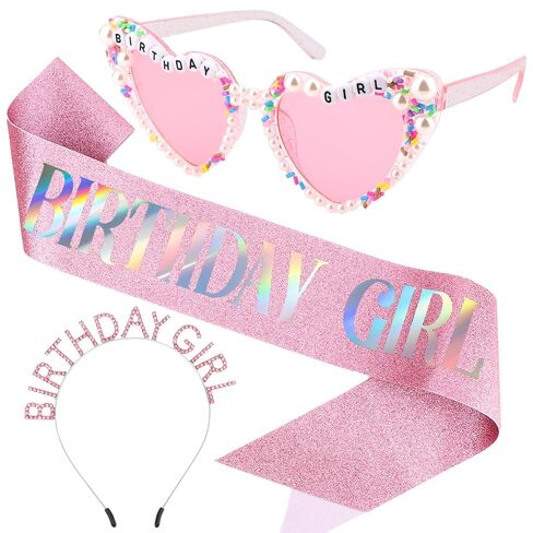 Jaciya Birthday Girl Sash Headband Sunglasses Blue Birthday Party Favor | Birthday Girl Bright Blue 3-in-1 Party Accessory Set Iridescent Tinsel Headband, Blue Glitter Sash, Pearl Sprinkle Sunglasses in Kuwait