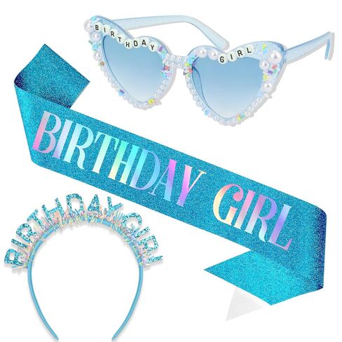 Jaciya Birthday Girl Sash Headband Sunglasses Blue Birthday Party Favor | Birthday Girl Bright Blue 3-in-1 Party Accessory Set Iridescent Tinsel Headband, Blue Glitter Sash, Pearl Sprinkle Sunglasses in Kuwait