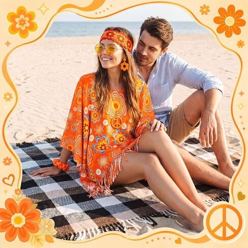 مجموعة إكسسوارات أزياء الهبي 6 قطع من Remuuly 60s 70s للنساء تتضمن بوهيمي بونشو نظارات شمسية كلاسيكية وعصابة رأس مرنة وأقراط قلادة لأزياء الديسكو والحفلات الموسيقية والمهرجانات in Kuwait