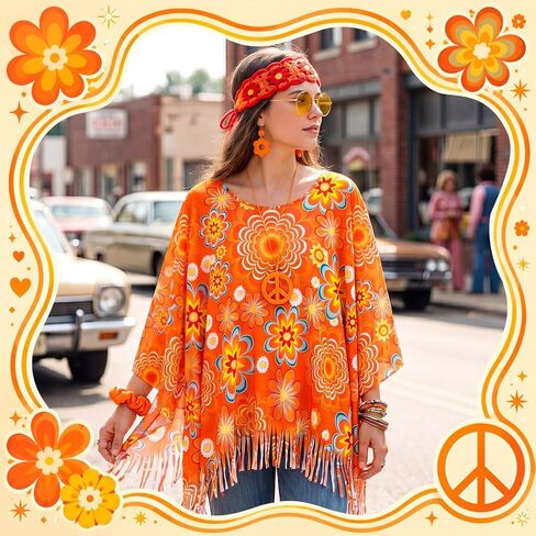 مجموعة إكسسوارات أزياء الهبي 6 قطع من Remuuly 60s 70s للنساء تتضمن بوهيمي بونشو نظارات شمسية كلاسيكية وعصابة رأس مرنة وأقراط قلادة لأزياء الديسكو والحفلات الموسيقية والمهرجانات in Kuwait