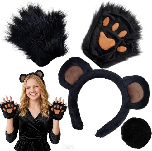 Kirei Sui Black Bear Ears, Tail and Fur Paws Costume for Halloween Party Accessories Adult in Kuwait