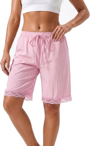 Mxiqqpltky Lace Trim Bermuda Shorts for Women Casual Loose Drawstring Low Rise Wide Leg Knee Length Pajama Lounge Shorts in Saudi Arabia