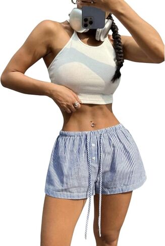 Women's Boxer Shorts Striped Cotton Pajama Lounge Sleepwear Summer Casual Plaid Shorts Y2K Beach Bottoms Gingham in Saudi Arabia