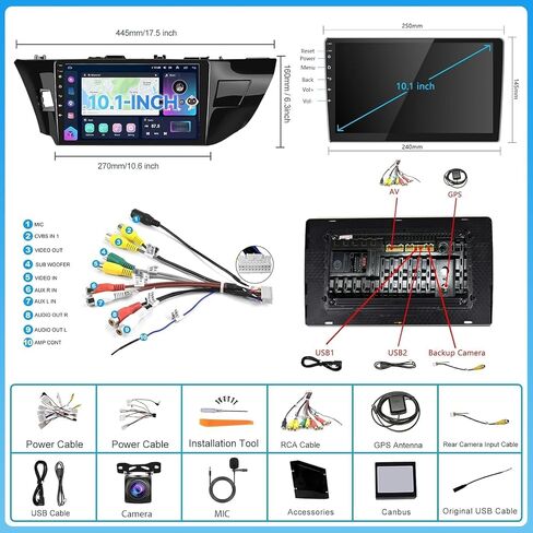 Car Radio Stereo with HiFi Audio for Toyota Corolla 2014-2017 with Wireless CarPlay/Android Auto, 10.1 Inch HD Touch Screen Android 13 Head Unit GPS WiFi Bluetooth FM/RDS EQ HD Backup Camera in Saudi Arabia