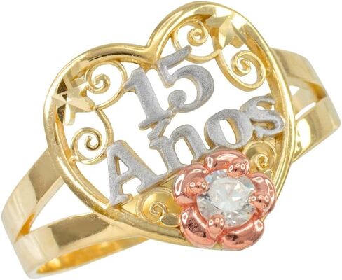 10k Tri-Tone Gold Sweet 15 Anos Solitaire CZ Quinceanera Heart Ring in Saudi Arabia