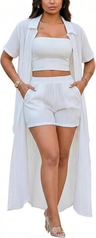 Womens Sets 2 Piece Outfits Short Sleeve V Neck Tie Front Blouse Shirt Top Dress and Shorts Summer Set in Saudi Arabia