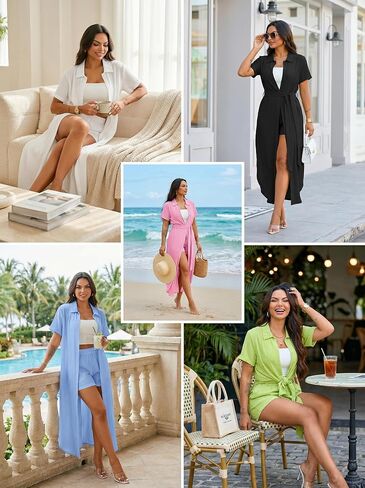 Womens Sets 2 Piece Outfits Short Sleeve V Neck Tie Front Blouse Shirt Top Dress and Shorts Summer Set in Saudi Arabia