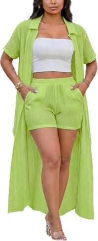 Womens Sets 2 Piece Outfits Short Sleeve V Neck Tie Front Blouse Shirt Top Dress and Shorts Summer Set in Kuwait