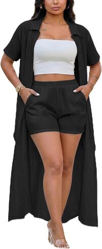Womens Sets 2 Piece Outfits Short Sleeve V Neck Tie Front Blouse Shirt Top Dress and Shorts Summer Set in Saudi Arabia