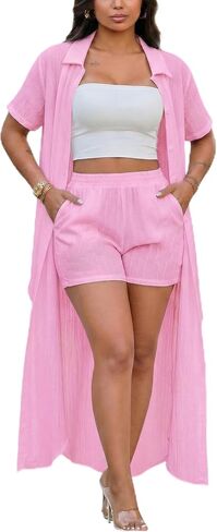 Womens Sets 2 Piece Outfits Short Sleeve V Neck Tie Front Blouse Shirt Top Dress and Shorts Summer Set in Saudi Arabia