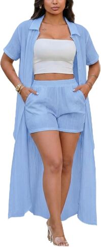 Womens Sets 2 Piece Outfits Short Sleeve V Neck Tie Front Blouse Shirt Top Dress and Shorts Summer Set in Saudi Arabia
