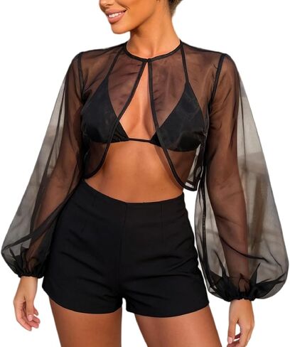 Seyumixi Womens Sheer Organza Shrug Cover Up Cropped Puff Bishop Sleeve Open Front Bolero See Through Mesh Poncho Top in Saudi Arabia