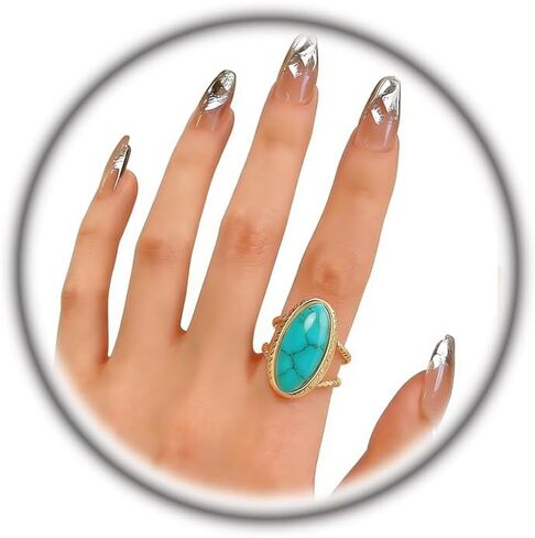 Western Turquoise Rings for Women Large Geometric Statement Ring Chunky Oval Turquoise Finger Ring Vintage Bohemian Jewelry Accessories Gifts in Kuwait