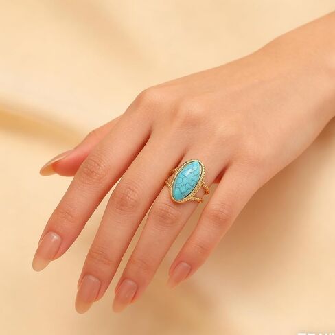 Western Turquoise Rings for Women Large Geometric Statement Ring Chunky Oval Turquoise Finger Ring Vintage Bohemian Jewelry Accessories Gifts in Kuwait
