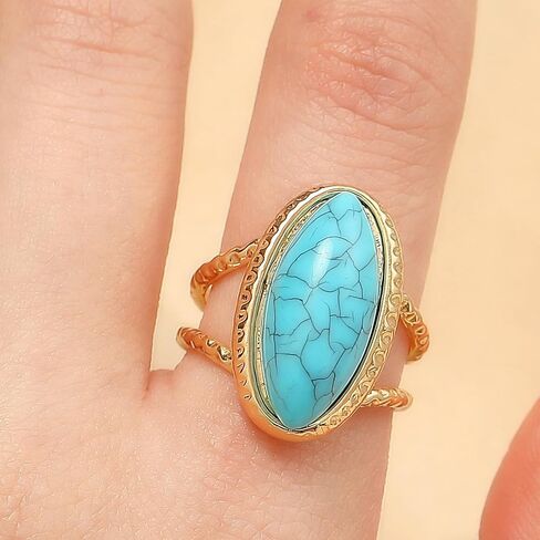Western Turquoise Rings for Women Large Geometric Statement Ring Chunky Oval Turquoise Finger Ring Vintage Bohemian Jewelry Accessories Gifts in Kuwait
