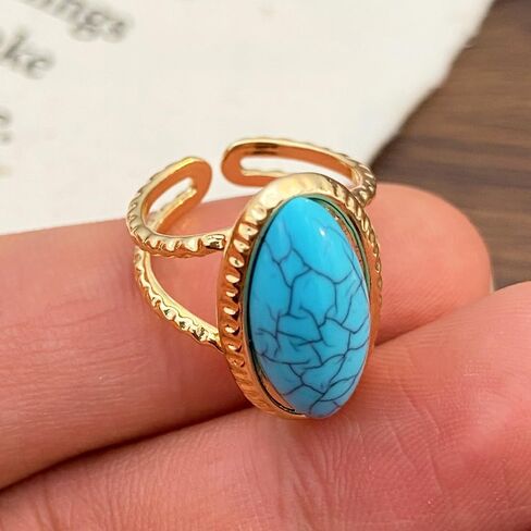 Western Turquoise Rings for Women Large Geometric Statement Ring Chunky Oval Turquoise Finger Ring Vintage Bohemian Jewelry Accessories Gifts in Kuwait