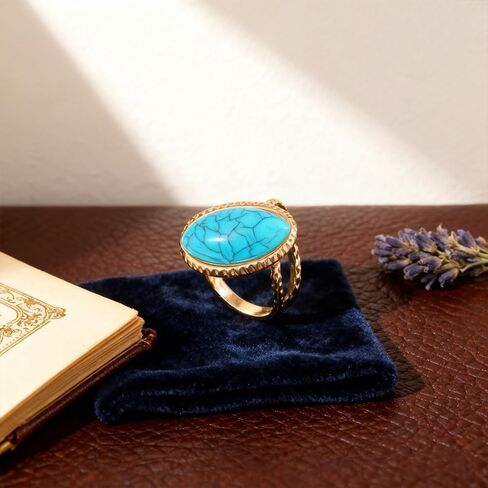 Western Turquoise Rings for Women Large Geometric Statement Ring Chunky Oval Turquoise Finger Ring Vintage Bohemian Jewelry Accessories Gifts in Kuwait
