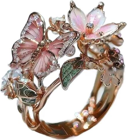 Butterfly Flower Ring for Women Enamel Flower Butterfly Finger Ring with Adjustable Opening Pink Ring Sparkling Fashion Flower Ring Christmas Birthday Party Prom Clothing Jewelry in Kuwait