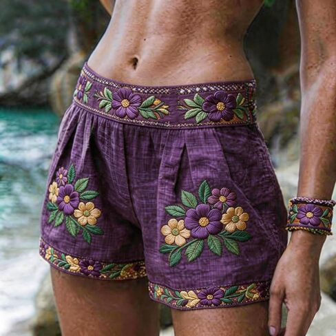 Women's Floral Embroidered Shorts, Purple Elastic Waist Boho Casual Shorts in Kuwait