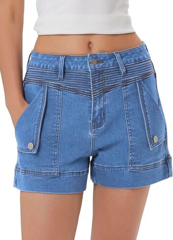 Kedera Women's Mid Rise Stretch Denim Shorts Casual Button Jean Hot Short Jorts with Pockets Beach in Kuwait