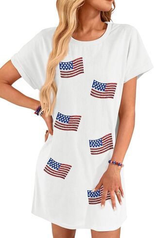 For G and PL Women Fourth of July Crewneck Short Sleeve Outfits Memorial Day Loose Fit Dresses American Flag Sequin M in Kuwait