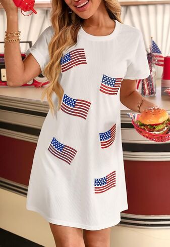 For G and PL Women Fourth of July Crewneck Short Sleeve Outfits Memorial Day Loose Fit Dresses American Flag Sequin M in Kuwait