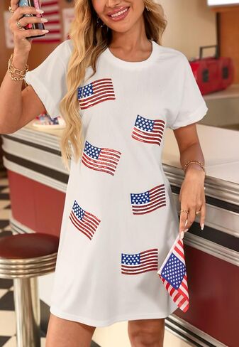 For G and PL Women Fourth of July Crewneck Short Sleeve Outfits Memorial Day Loose Fit Dresses American Flag Sequin M in Kuwait