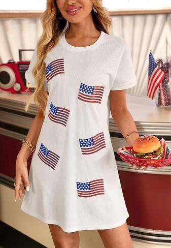 For G and PL Women Fourth of July Crewneck Short Sleeve Outfits Memorial Day Loose Fit Dresses American Flag Sequin M in Kuwait