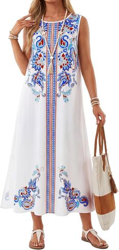 Rooscier Women's Boho Print Sleeveless Round Neck Split Flowy A Line Beach Maxi Dress in Kuwait