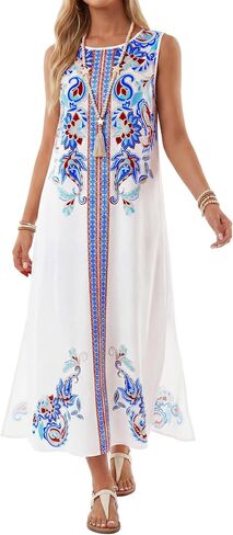 Rooscier Women's Boho Print Sleeveless Round Neck Split Flowy A Line Beach Maxi Dress in Kuwait