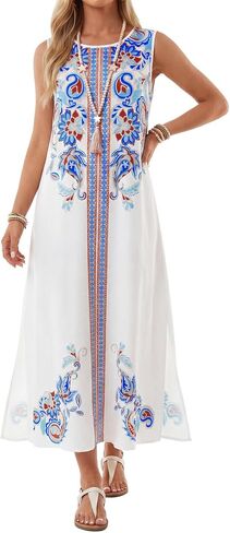 Rooscier Women's Boho Print Sleeveless Round Neck Split Flowy A Line Beach Maxi Dress in Kuwait