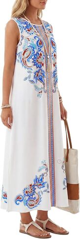 Rooscier Women's Boho Print Sleeveless Round Neck Split Flowy A Line Beach Maxi Dress in Kuwait