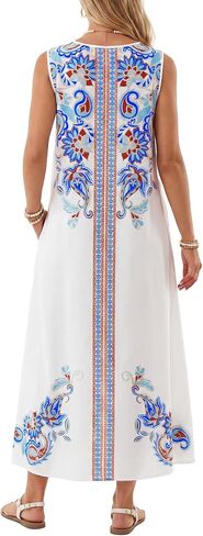 Rooscier Women's Boho Print Sleeveless Round Neck Split Flowy A Line Beach Maxi Dress in Kuwait