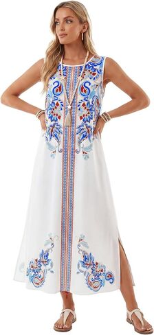 Rooscier Women's Boho Print Sleeveless Round Neck Split Flowy A Line Beach Maxi Dress in Kuwait