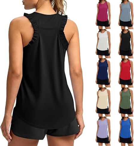 Women Ruffle Workout Tank Tops Sleeveless Racerback Crewneck Summer Casual Yoga Running Gym Athletic Tee Shirts in Kuwait