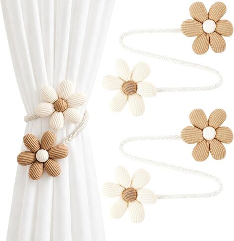 Boho Flower Curtain Tiebacks - 2 Pcs Beige Curtain Ties No Drill Floral Bedroom Decor for Living Room Bedroom Kitchen Balcony, Housewarming Birthday Gift for Friends Family in Saudi Arabia