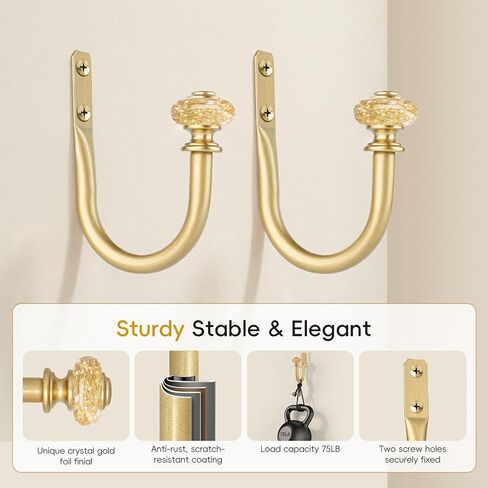 Curtain Holdbacks 2 Pack, Gold Metal Curtain Tiebacks with Decorative Vintage Crystal Finials, Drapery Hooks Holders for Wall, Easy to Install in Saudi Arabia