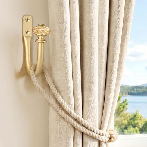 Curtain Holdbacks 2 Pack, Gold Metal Curtain Tiebacks with Decorative Vintage Crystal Finials, Drapery Hooks Holders for Wall, Easy to Install in Saudi Arabia