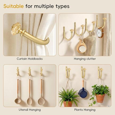 Curtain Holdbacks 2 Pack, Gold Metal Curtain Tiebacks with Decorative Vintage Crystal Finials, Drapery Hooks Holders for Wall, Easy to Install in Saudi Arabia