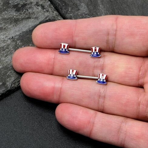 Body Candy 14G Womens Nipplerings Piercing Surgical Steel 2Pc USA Patriotic Top Hat Mens Nipple Ring Set 9/16" in Kuwait