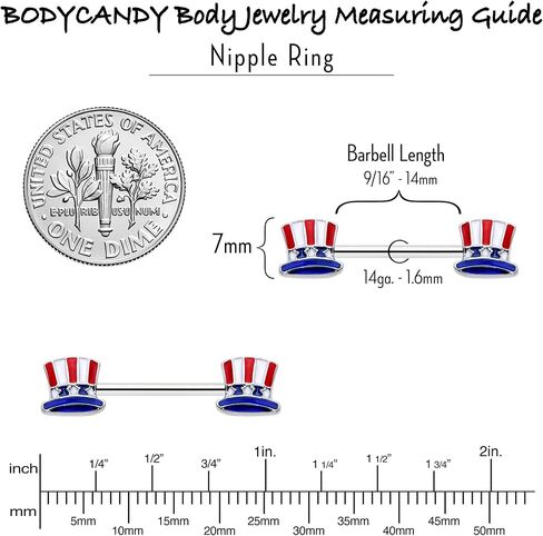 Body Candy 14G Womens Nipplerings Piercing Surgical Steel 2Pc USA Patriotic Top Hat Mens Nipple Ring Set 9/16" in Kuwait