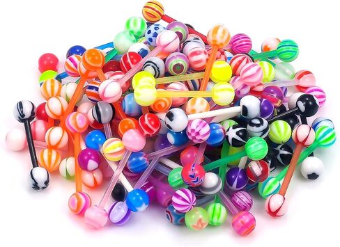 14G 100Pcs Colorful Ball Surgical Steel and Bioflex Flexible Acrylic Nipple Tongue Rings Piercing Jewelry 14 Gauge Straight Barbell Tongue Nipple Ring Piercing Jewelry Retainer For Women Men in Kuwait