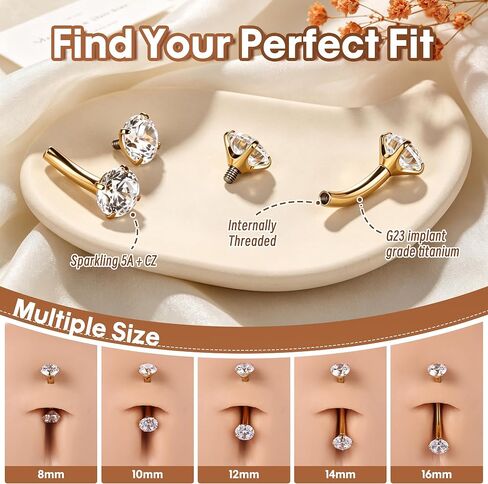 G23 Titanium Belly Button Ring for Sensitive Skin, 14G Internally Threaded Floating Navel Ring with CZ, Dainty Hypoallergenic Belly Piercing Jewelry for Women, 8-16MM in Kuwait