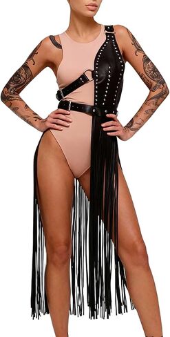 Women Faux Leather Body Harness with Fringe Skirt, Adjustable Studded Waist Harness Belt with Alloy Hardware, Punk Gothic Festival Outfit Accessory for Party, Stage, Cosplay(Waist 27.6-38.6in) in Saudi Arabia